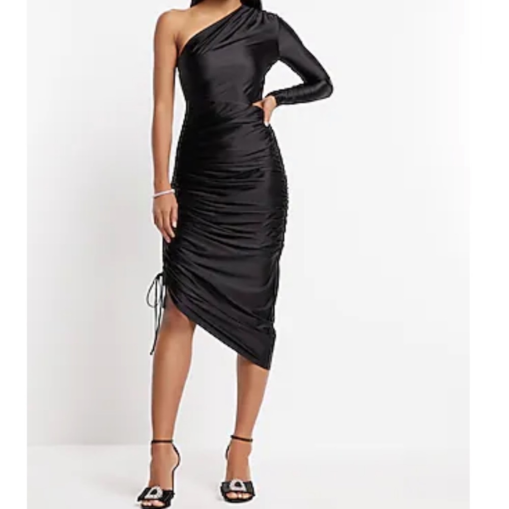 Express Satin One Shoulder Long Sleeve Ruched Cutout Midi Dress